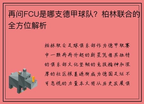 再问FCU是哪支德甲球队？柏林联合的全方位解析